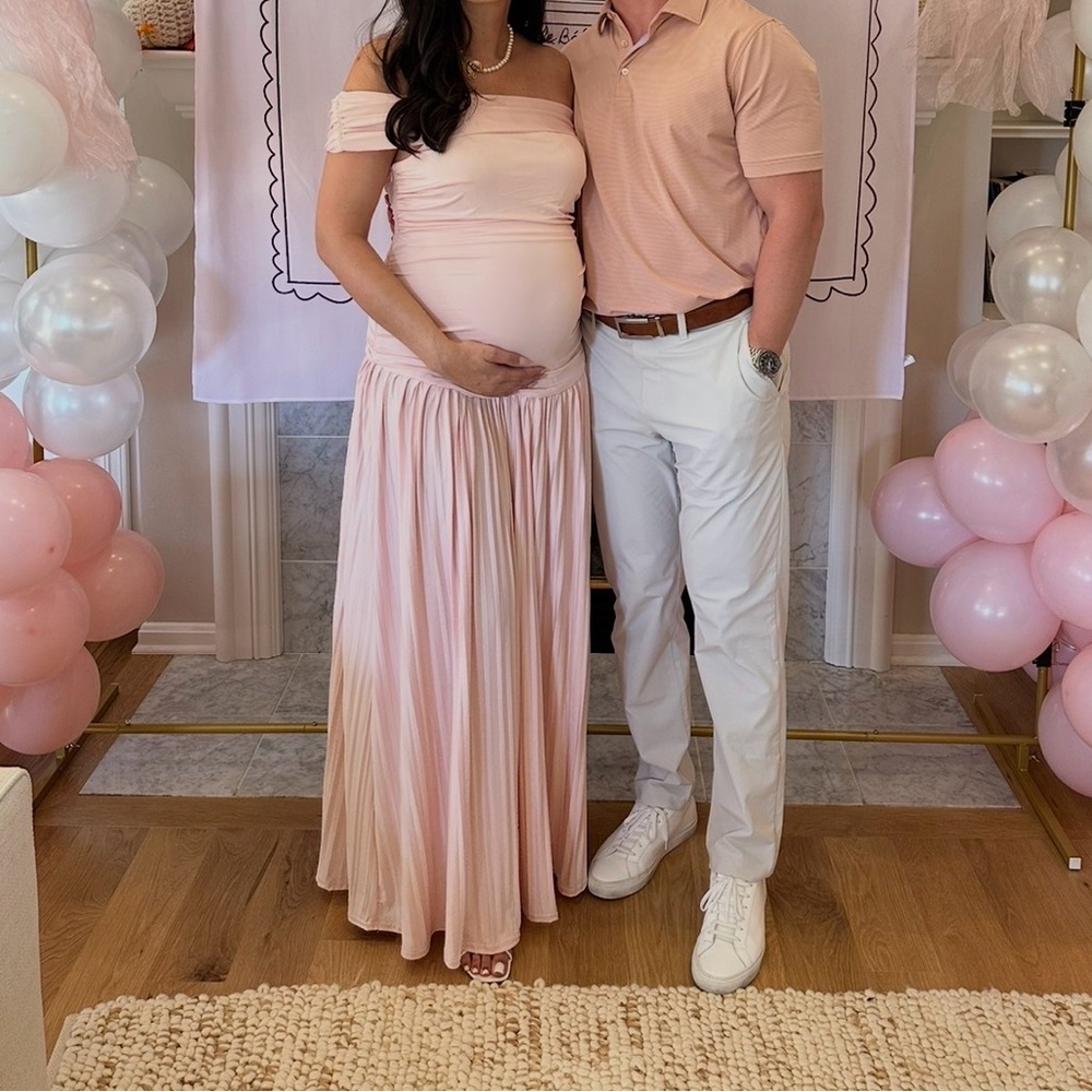 Blush Pink Bardot-Neck Maternity Maxi Dress
